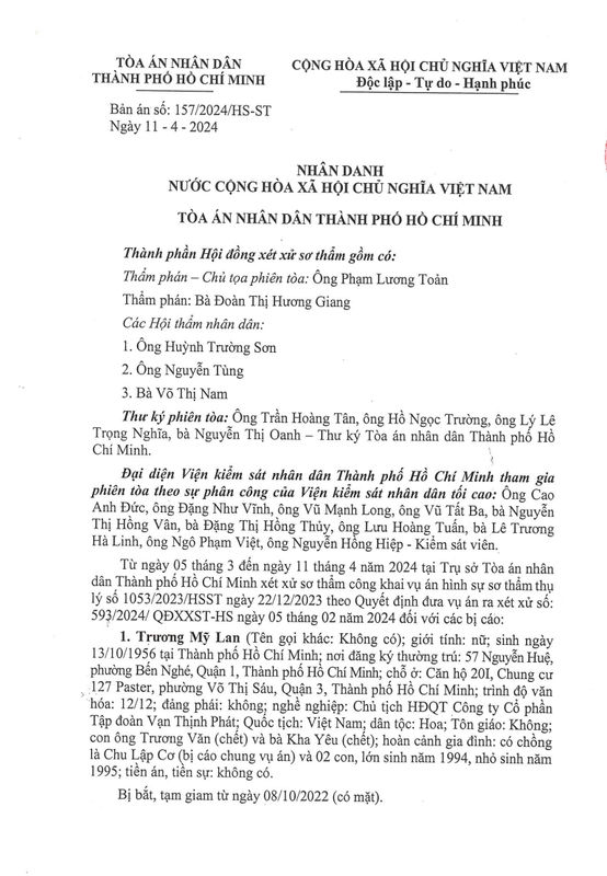 Niêm yết bản án 157/2024/HS-ST ngày 15/04/2024 vụ án Trương Mỹ Lan và đồng phạm